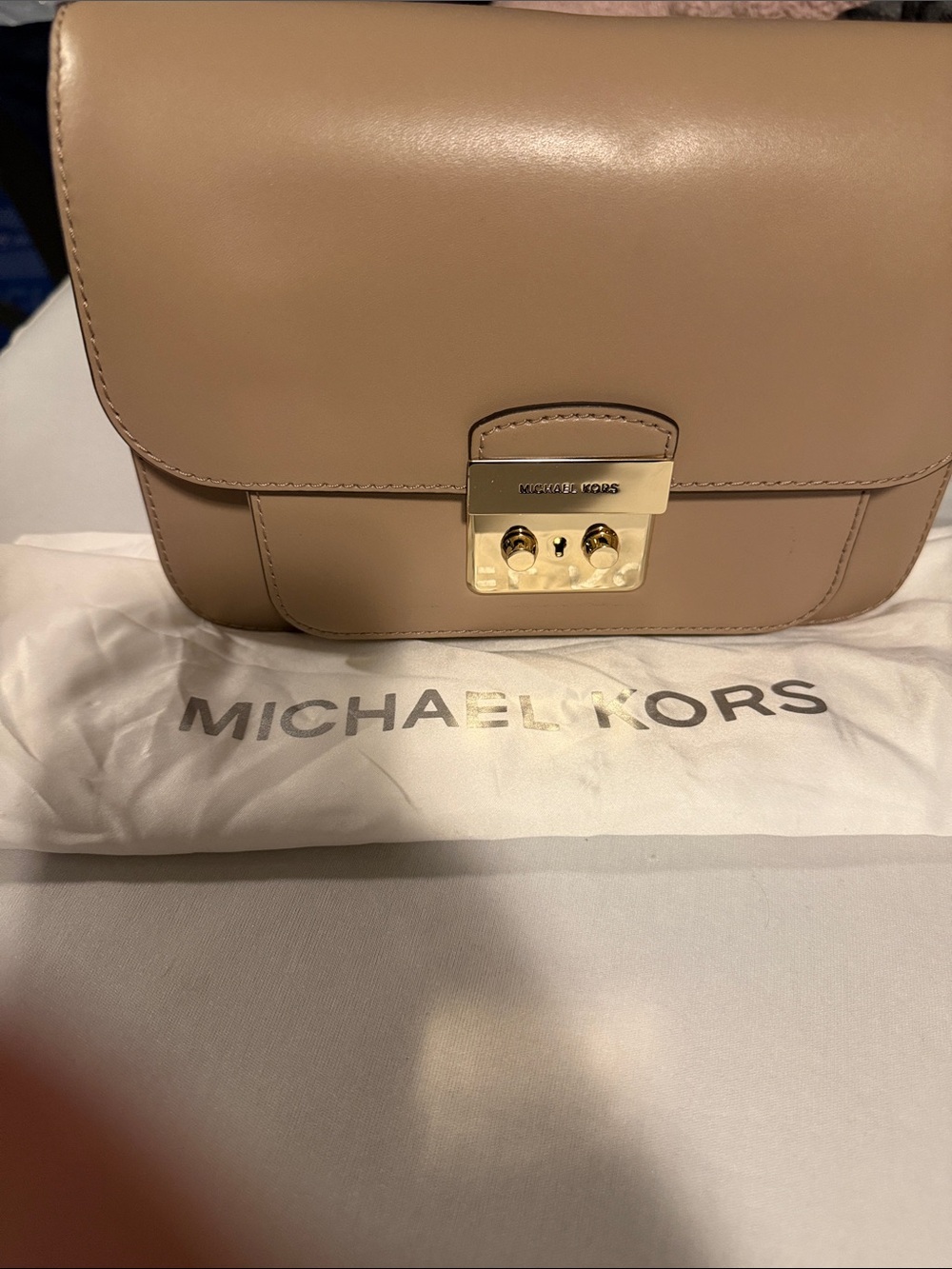 Michael Kors Taupe Leather Crossbody with Gold-Tone Lock